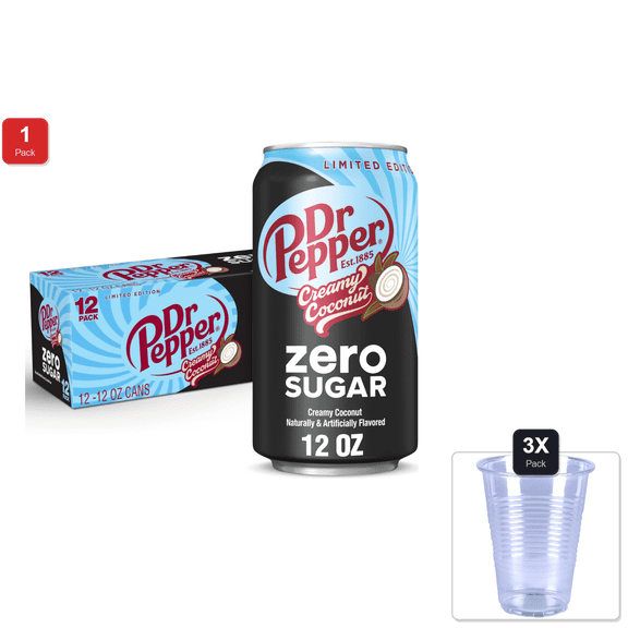 1 Pack | Dr Pepper Zero Sugar Creamy Coconut Soda, 12 Fl Oz Cans, 12 Pack & 3x 9oz Disposable Plastic Cups