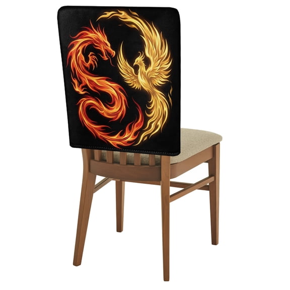 1 Pack Dragon Phoenix Chair Back Covers Modern Mythical Mysterious Gold Red Symbolic Black Stretchable Removable Chair Slipcovers Washable Seat Covers for Dining Room Kitchen Restaurant 19 x 18 Inch