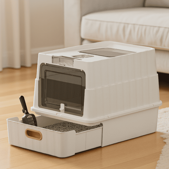 1-Pack Drawer-Style Cat Litter Box with Scoop, Open Entry Design, Space-Saving Storage, White