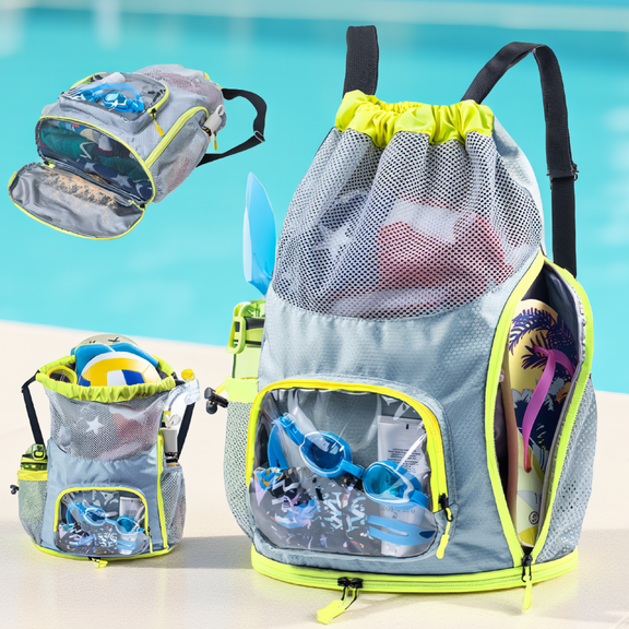 1-Pack Drawstring Backpack with Shoe Compartment, 40L Beach Swim Bag, Sandproof Bottom, Multi-Pocket for Pool Gym Travel