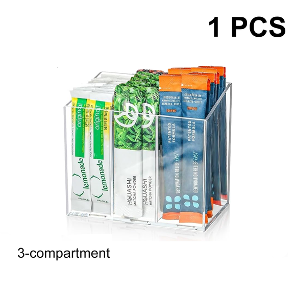 1-Pack Drink Packet Organizer, Water Drink Packet Holder with Removable Compartment, 3 Adjustable Divider for Kitchen/Office Storage,Space-Saving Flavor Packet Storage Container,Drink Bag Storage Box