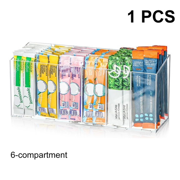1-Pack Drink Packet Organizer, Water Drink Packet Holder with Removable Compartment, 6 Adjustable Divider for Kitchen/Office Storage,Space-Saving Flavor Packet Storage Container,Drink Bag Storage Box