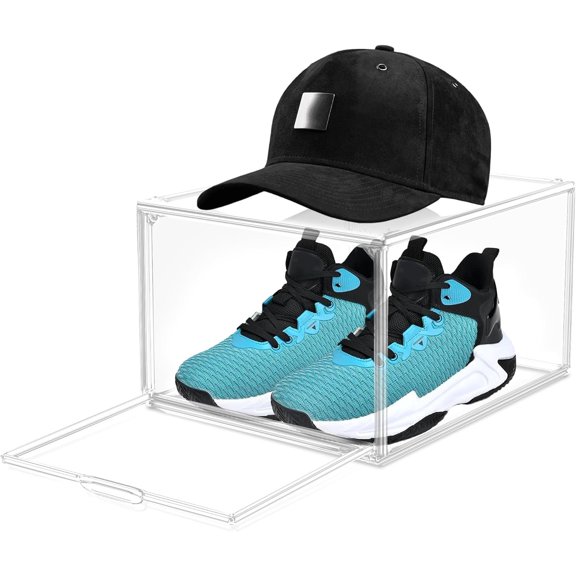 1 Pack Drop-Front Clear Shoe Storage Box Box Shoe Organizer Size 12, Stackable Shoe Cases with Door Storage Cubbies for Sneaker Containers Boot Display & Closet Organization