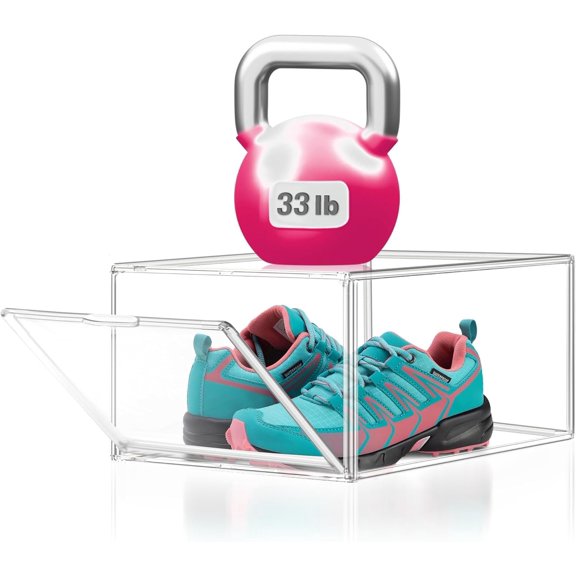 1 Pack Drop Front Shoe Boxes with Door Size 12, Clear Stackable Shoe Organizers Sneaker Display Cases for Closet, Entryway, Underbed, Multiple Display Cases for Caps, Figures