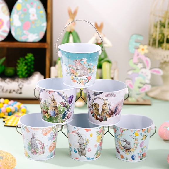 1 Pack Easter Bunny Egg Tin Bucket Random Style Metal Storage Bucket with Handle Easter Decor for Party Table Candy Treats