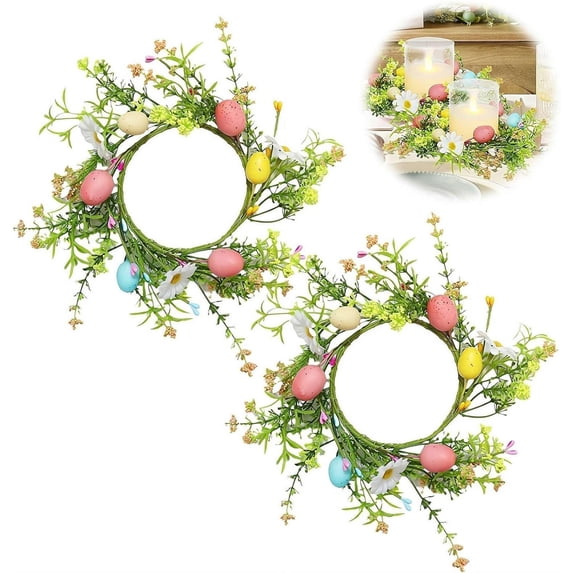 1 Pack Easter Egg Candle Ring Wreath, Mini Spring Floral Candle Holder Wreath for Table Centerpieces, Pastel Pip Berry & Daisy Decor for Holiday Home Kitchen Decor