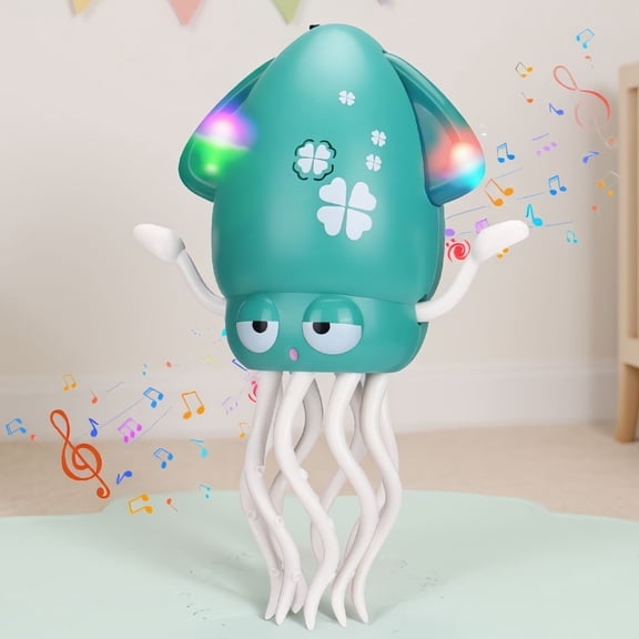 1 Pack Electric Dancing Octopus with LED Lights and Music, Auto Obstacle Avoidance Crawling with Fishing Rod, Green