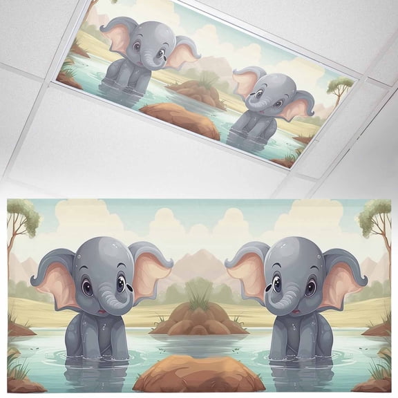 1 Pack Elephant Pool Water Fluorescent Light Covers for Ceiling Lights Trees Reflection Bathing Elephant Magnetic Ceiling Light Covers Overhead Light Filters for Office Classroom Home