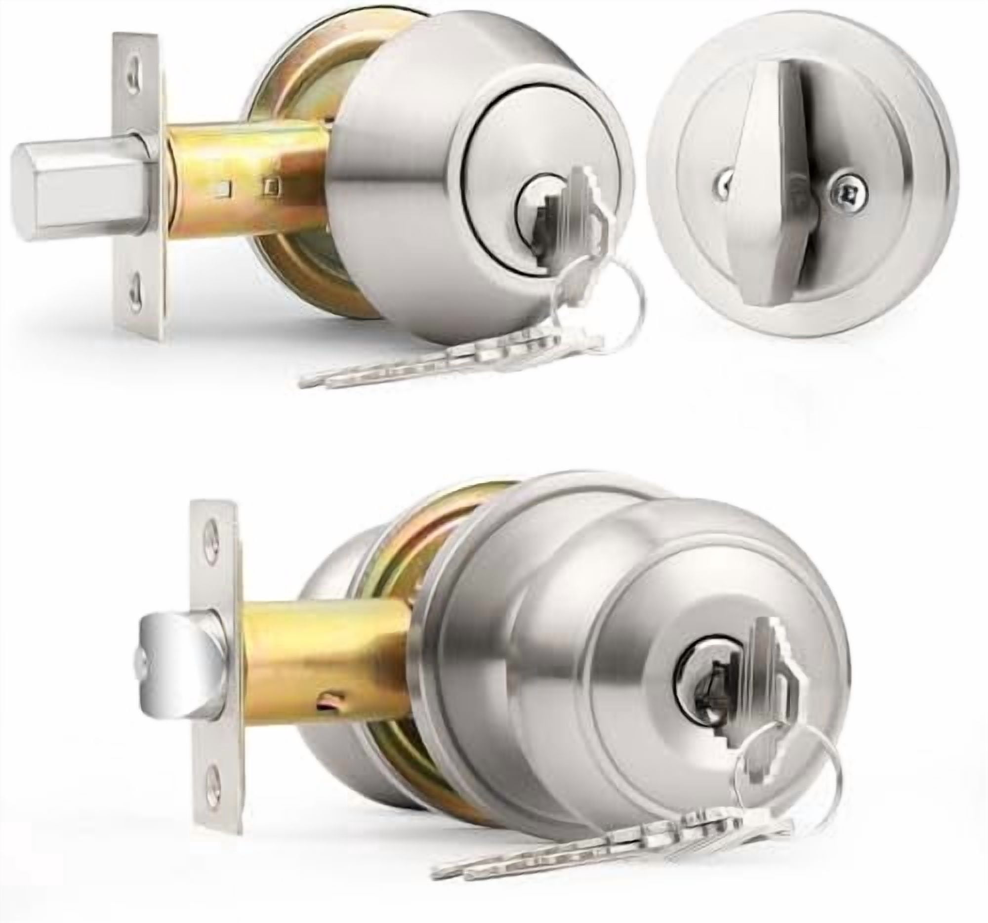 1 Pack Entry Door Knob Set with Single Cylinder Deadbolt Combo Set, Keyed Alike Brushed Nickel Door Knobs with Lock and Keys for Entrance Front Door