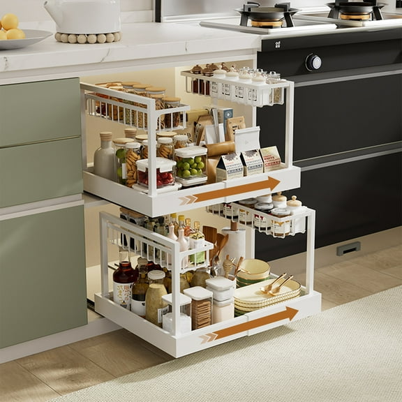 Gimgong Expandable Pull Out Cabinet Organizer, 3-Drawer Shelf with Adhesive Nano Film, White, 1 Count