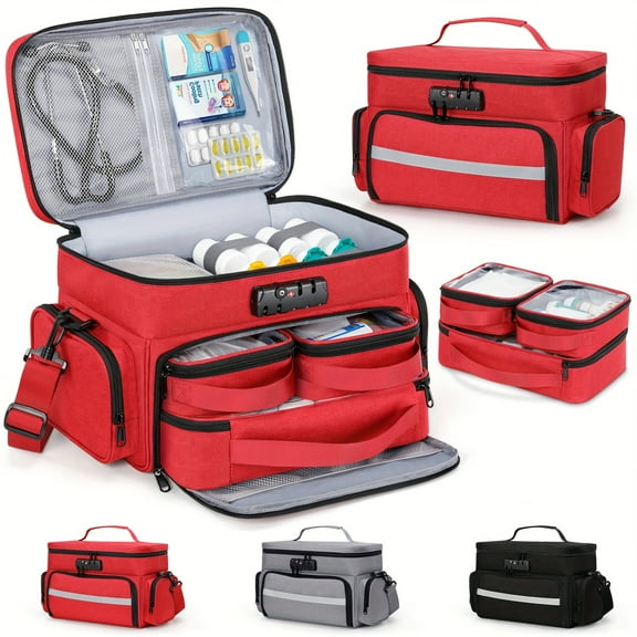 1-Pack Extra-Large Lockable Pill Organizer Bag with Combination Lock, Double-Layer Medicine Storage Case with 3 Removable Pouches, Food-Safe Red Travel Medicine Bag with Shoulder Strap for Home