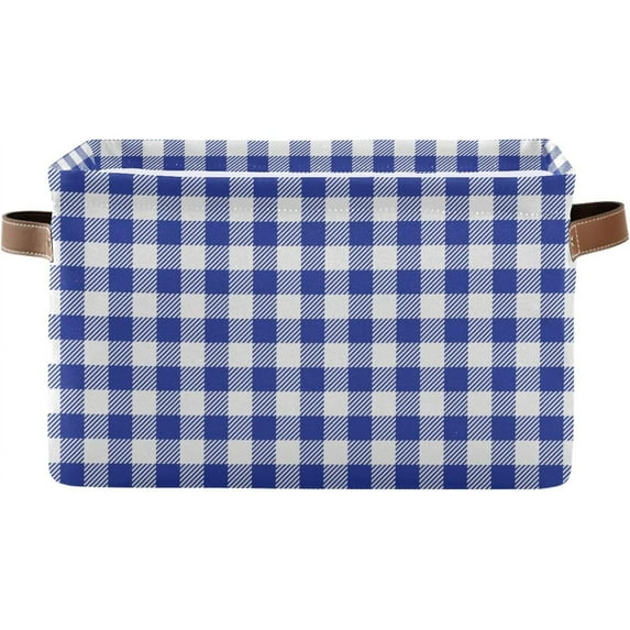 1 Pack Fabric Storage Basket Navy Blue Checked Closet Storage Bins with Handles Foldable Baskets for Shelves Toy Organizer Home Office Decor Gifts