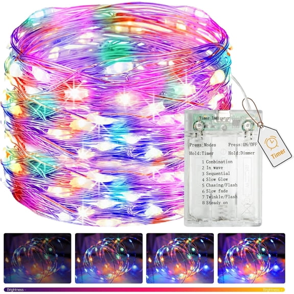 1 Pack Fairy Lights Battery Operated with Timer, 16.4FT 50 LED Silver Wire String Lights, 8 Modes Dimmable Waterproof for Indoor Christmas Bedroom Wedding Decor, Multicolor