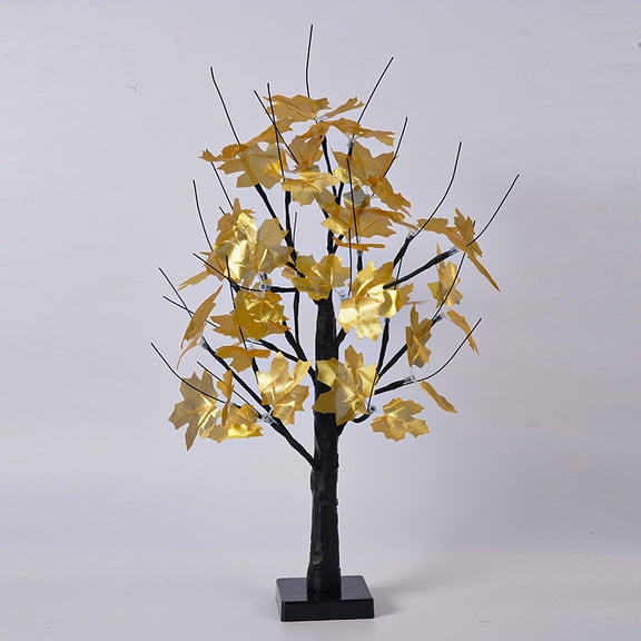 1 Pack Fall Lighted Maple Tree,24 LED Lights Thanksgiving Decoration Artificial Tree Lights 23 inch Battery or USB Powered DIY Table Light for Desktop Decor,Black Tree, Golden Maple Leaf