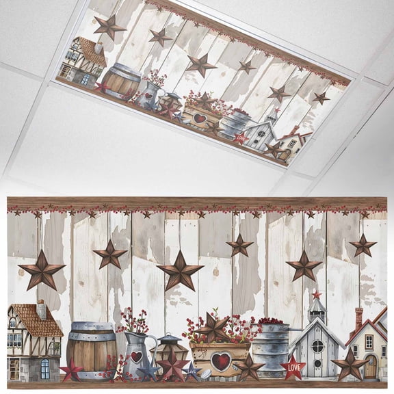 1 Pack Farmhouse Country Fluorescent Light Covers for Ceiling Lights Star Barn Barrel Plant Retro Wood Grain Magnetic Ceiling Light Covers Overhead Light Filters for Office Classroom Home