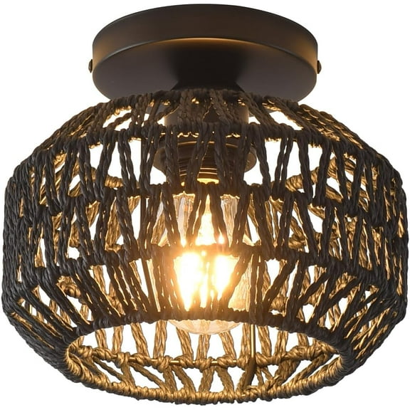 1 Pack Farmhouse Light Fixtures Ceiling Mount,Black Mini Rattan Semi Flush Mount Ceiling Light,Hand Woven Hallway Light Fixtures for Bedroom Entryway