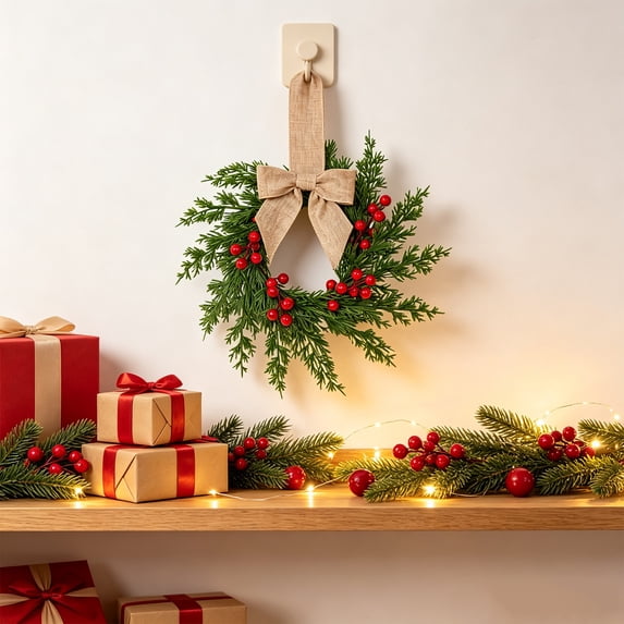 1 Pack Farmhouse Mini Christmas Cabinet Wreath, Berries with Khaki Bow, Rattan Plastic Decor for Kitchen, Window & Door, 10.6in