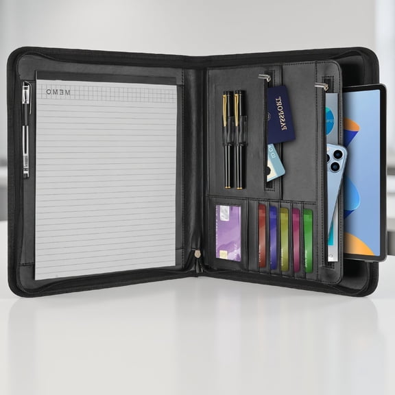 1-Pack Faux Leather Padfolio Portfolio Binder with Zipper, 25-Page Notepad, 13" Tablet Sleeve, Letter/A4 Size, Black