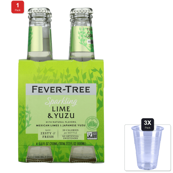1 Pack | Fever-Tree Sparkling Lime & Yuzu Mixer 4Pk, 6.8 Fz & 3x 9oz Disposable Plastic Cups