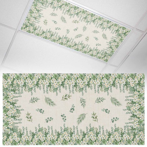 1 Pack Floral Border Fluorescent Light Covers for Ceiling Lights Eucalyptus Leaves Linen Texture Rustic Magnetic Ceiling Light Covers Overhead Light Filters for Office Classroom Home