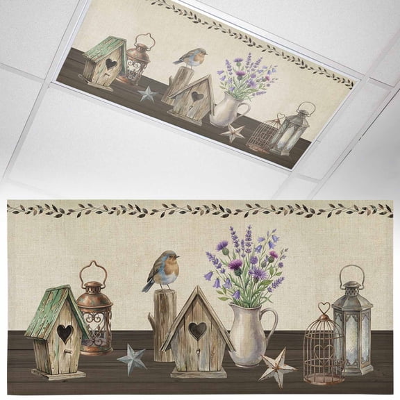 1 Pack Floral Vases Fluorescent Light Covers for Ceiling Lights Vintage Birds Cages Birdhouse Linen Texture Magnetic Ceiling Light Covers Overhead Light Filters for Office Classroom Home