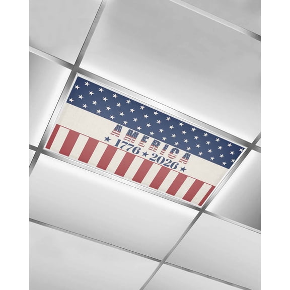 1 Pack Fluorescent Light Cover for Ceiling Lights, Anniversary USA Flag Magnetic Classroom Light Filters 4x2 Feet, Red Striped Blue Star America Decorative Ceiling Shade Panel for Office