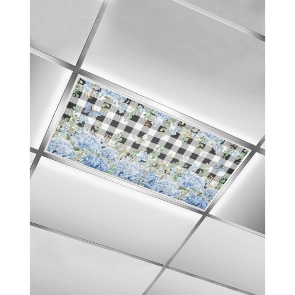 1 Pack Fluorescent Light Cover for Ceiling Lights, Blue Hydrangea Magnetic Classroom Light Filters 4x2 Feet, Spring Summer Eucalyptus Black Checkered Decorative Ceiling Shade Panel for Office