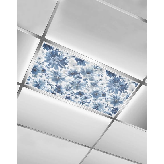 1 Pack Fluorescent Light Cover for Ceiling Lights, Blue Spring Floral Magnetic Classroom Light Filters 4x2 Feet, Watercolor Ombre Summer Botanical Decorative Ceiling Shade Panel for Office