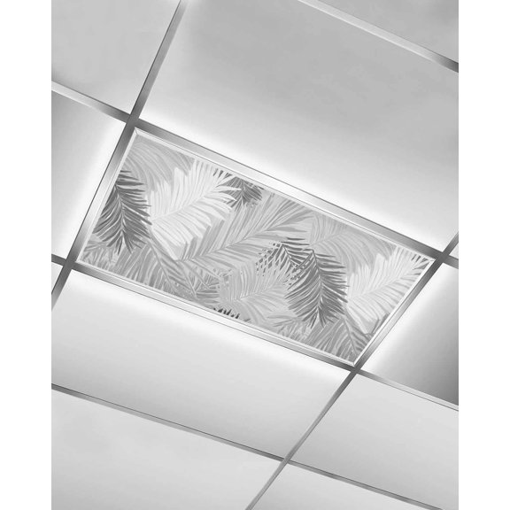 1 Pack Fluorescent Light Cover for Ceiling Lights, Grey Black Palm Leaves Magnetic Classroom Light Filters 4x2 Feet, Summer Tropical Plants Botanical Decorative Ceiling Shade Panel for Office