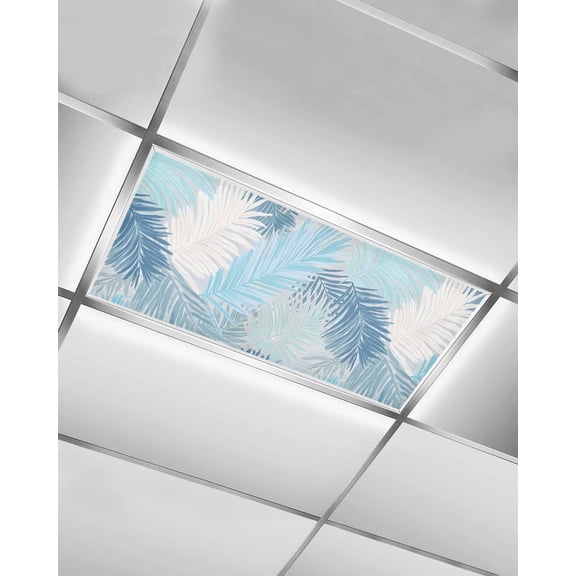 1 Pack Fluorescent Light Cover for Ceiling Lights, Light Blue Grey Palm Leaves Magnetic Classroom Light Filters 4x2 Feet, Summer Tropical Plants Botanical Decorative Ceiling Shade Panel for Office