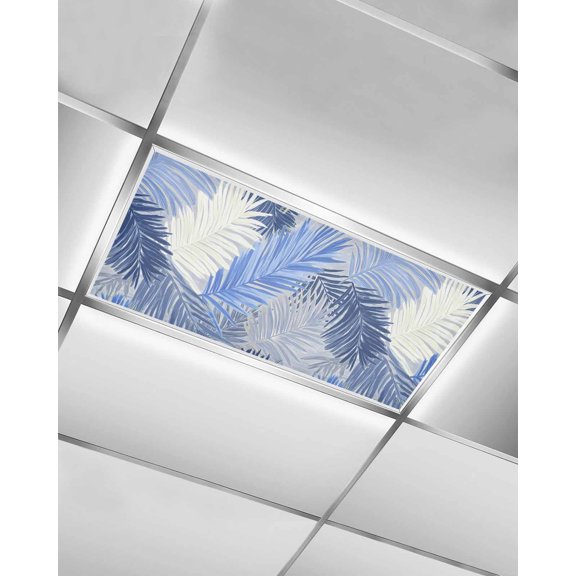 1 Pack Fluorescent Light Cover for Ceiling Lights, Navy Blue Grey Palm Leaves Magnetic Classroom Light Filters 4x2 Feet, Summer Tropical Plants Botanical Decorative Ceiling Shade Panel for Office