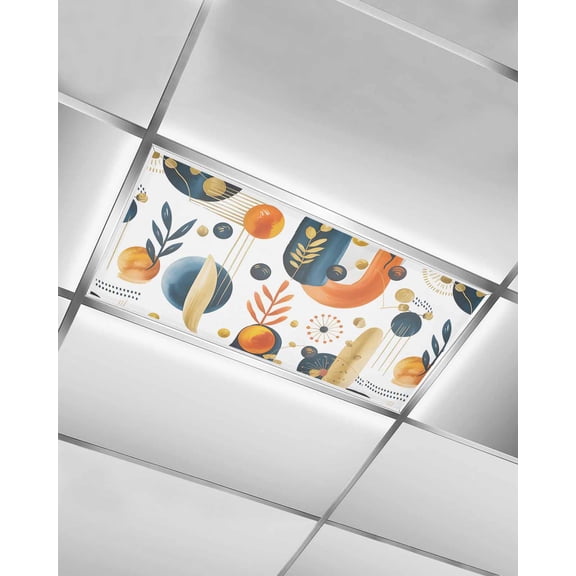 1 Pack Fluorescent Light Cover for Ceiling Lights, Orange Blue Boho Magnetic Classroom Light Filters 4x2 Feet, Mid-century Modern Botanical Decorative Ceiling Shade Panel for Office
