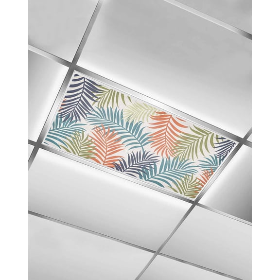 1 Pack Fluorescent Light Cover for Ceiling Lights, Orange Green Blue Palm Leaves Magnetic Classroom Light Filters 4x2 Feet, Summer Botanical Tropical Leaf Decorative Ceiling Shade Panel for Office