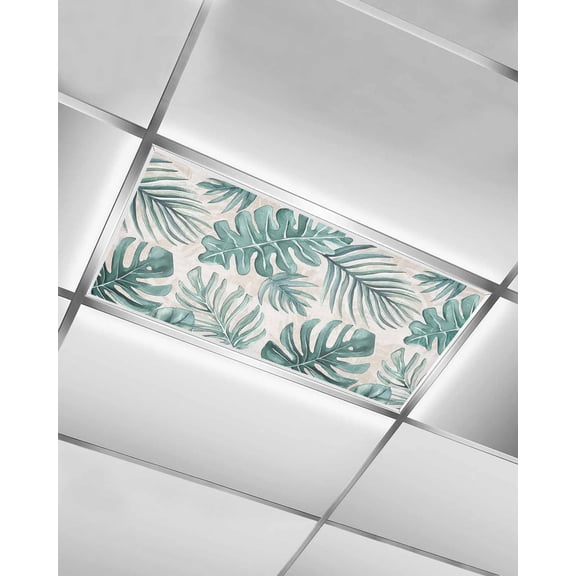 1 Pack Fluorescent Light Cover for Ceiling Lights, Turquoise Monstera Deliciosa Magnetic Classroom Light Filters 4x2 Feet, Summer Botanical Tropical Vintage Decorative Ceiling Shade Panel for Office