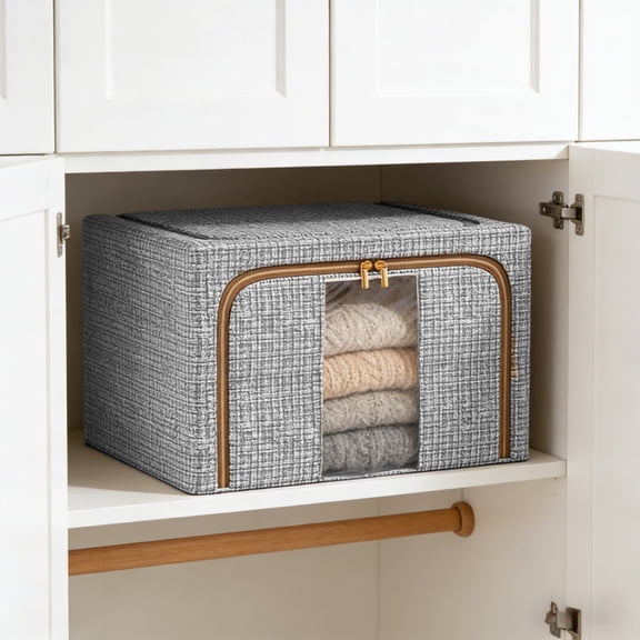 1-Pack Foldable Oxford Fabric Storage Box Transparent Window, Stackable Clothes Organizer Bin, Clothes Bin Storage Foldable Collapsible Container for Clothing Bedding Home Bedroom Wardrobe, 1pc