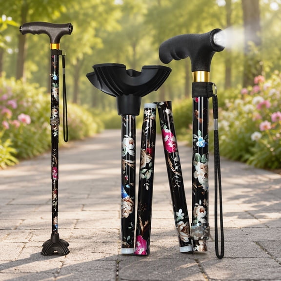 1 Pack Foldable Walking Cane with LED Light, Adjustable Height, Quad Base, Self Standing Walking Stick for Men and Women, Seniors and Adults