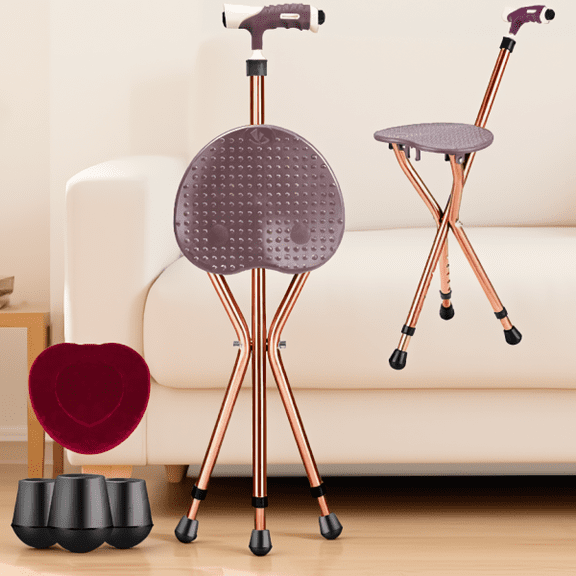 1-Pack Folding Seat Cane with LED Light, 5-Level Height Adjustment, 220 lbs Capacity, Aluminum, Extra Cushion & Foot Pads, Brown