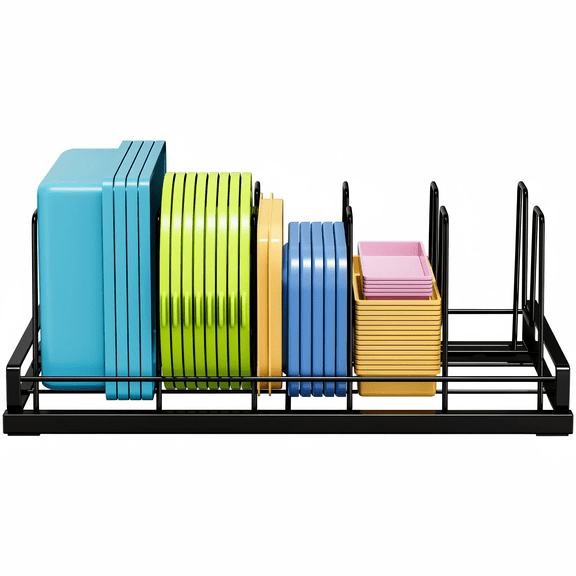 1 Pack Food Container Lid Organizer with 6 Adjustable Dividers, Metal Rack for Kitchen Cabinet Drawer, Black