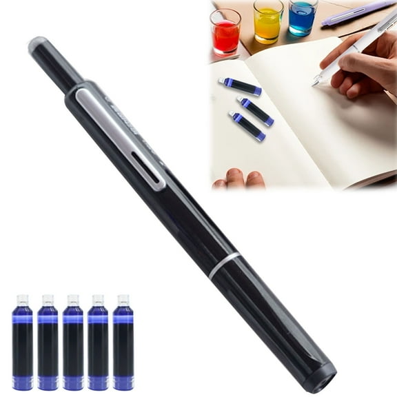 1 Pack Fountain Pen Retractable 0.38mm, Black Barrel, Refillable Fountain Pen with 5 Ink Cartridges, Tip Lid & Clip, No-Bleed Smooth Writing Metal Calligraphy Pens, Uninterrupted, Journaling Gift
