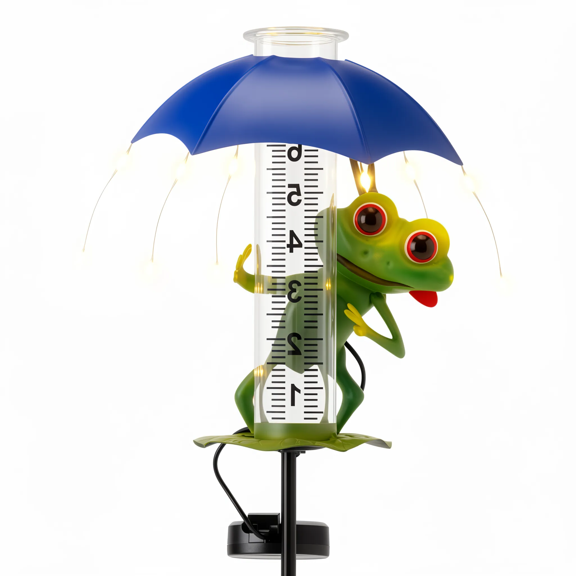 1 Pack Frog Solar Rain Gauge Outdoor with LED Lights, Garden Decor Statue Yard Art Ornament, Stainless Steel Stake, Acrylic Tube