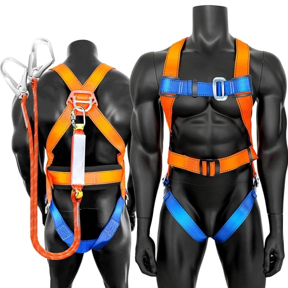 1 Pack Full Body Safety Harness Tool Fall Protection Internal Shock Absorbing Lanyard, Orange