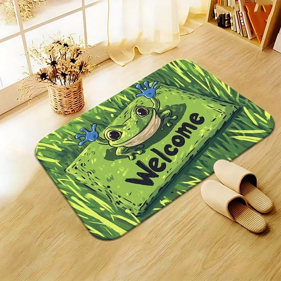 1-Pack Fun Frog Welcome Mat - Non-slip, microfiber absorbent, machine washable polyester material, suitable for entrances, bathrooms, bedrooms, and living rooms - Cute cartoon frog design.