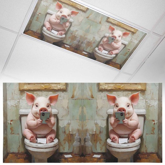 1 Pack Funny Animal Fluorescent Light Covers for Ceiling Lights Pig Sitting on Toilet Pig Playing Phone Magnetic Ceiling Light Covers Overhead Light Filters for Office Classroom Home