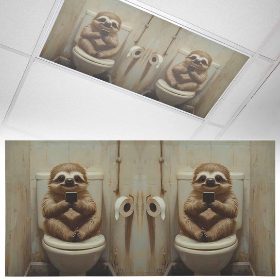 1 Pack Funny Animal Fluorescent Light Covers for Ceiling Lights Sloth Sitting on Toilet Sloth Playing Phone Magnetic Ceiling Light Covers Overhead Light Filters for Office Classroom Home