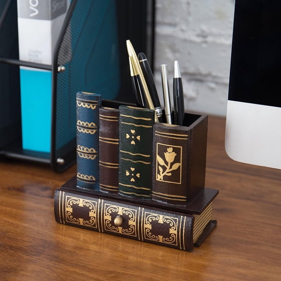1 Pack, General Decorative Desk Organizer Caddy, Pencil and Pen Holder with Bottom Storage Drawer and Library Books Design.