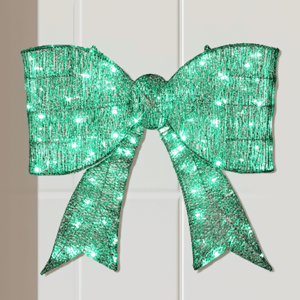 1 Pack Giant Pre-Lit Christmas Bowknot Decoration, 124 Green LED Lights, Metal Frame, Indoor Outdoor Holiday Decor, Green