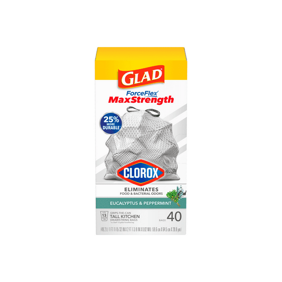 1 Pack Glad ForceFlex MaxStrength Clorox Trash Bags Eucalyptus & Peppermint, 13 Gal, 40ct