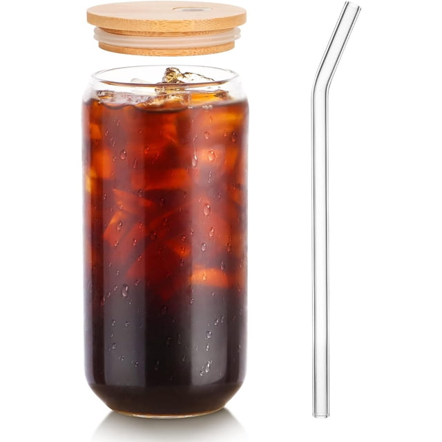 1 Pack Glass Cup with Bamboo Lid and Straw 16oz Beer Glass Tumbler