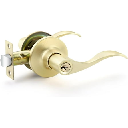 1 Pack Gold Door Handles, Keyed Alike Entry Door Handle with Lock and Key, Brass Interior Door Handle for Living or Bedroom, Wave Door Lever for