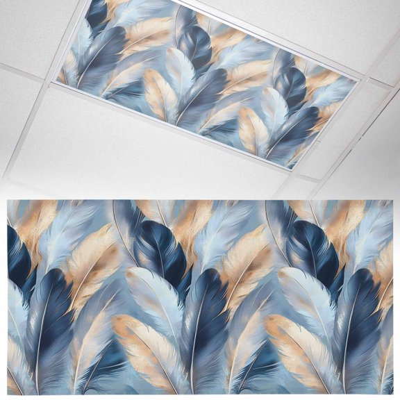 1 Pack Gold Navy Feather Fluorescent Light Covers for Ceiling Lights Oil Painting Simple Blue Style Abstract Magnetic Ceiling Light Covers Overhead Light Filters for Office Classroom Home